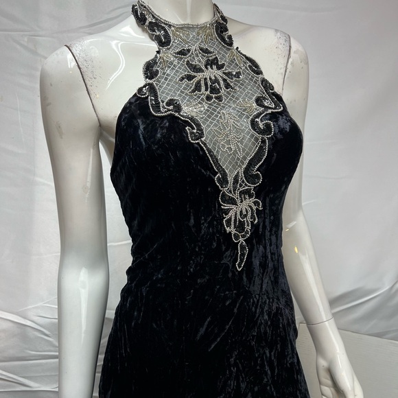 Zum Zum Vintage Black Velvet 90s Sequins Silver Beaded Halter Long 5-6 Dress XS - Picture 3 of 6